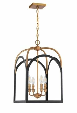 Flash Sale ✨ Signature Hardware Henrico 60W 4-Light Candelabra E-12 Pendant in Matte Black with Aged Brass 🔥