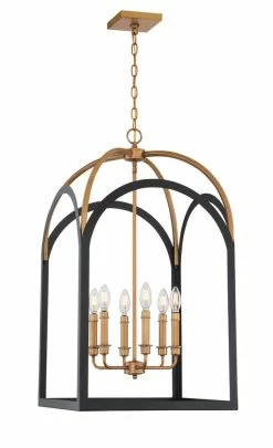 Discount 😀 Signature Hardware Henrico 60W 6-Light Candelabra E-12 Pendant in Matte Black with Aged Brass 🧨 -Signature Hardware shop Query 781