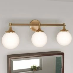 Promo 🥰 Signature Hardware Alfaro 60W 3-Light Candelabra E-12 Vanity Fixture in Brushed Gold 🛒 -Signature Hardware shop Query 926