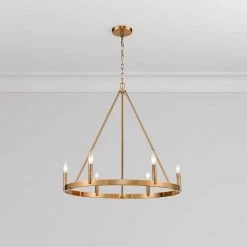 Coupon 😍 Signature Hardware Dutton 60W 6-Light Candelabra E-12 Chandelier in Brushed Gold 🛒